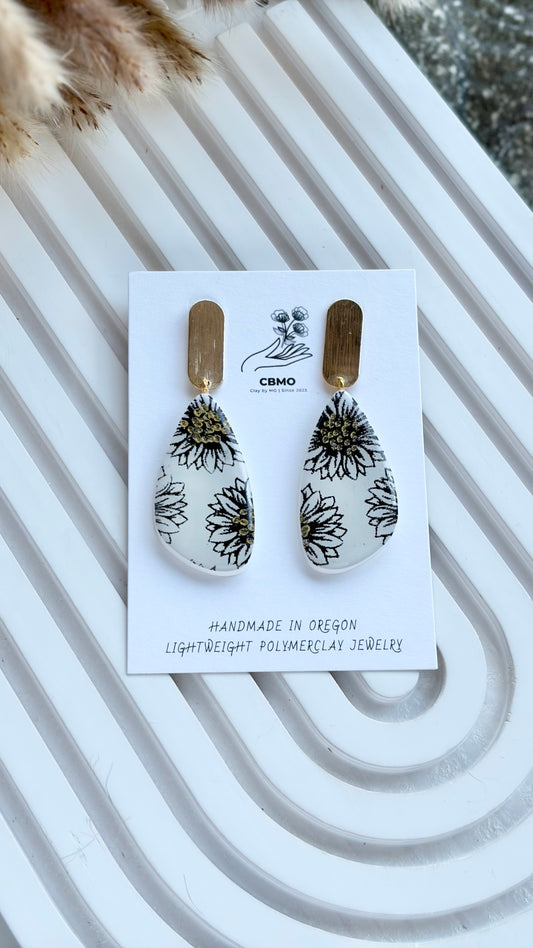 Printed Sunflower Dangle Polymer Clay Earrings | ClaybyMO